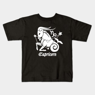 Capricorn - Zodiac Astrology Symbol with Constellation and Sea Goat Design (White on Black Variant) Kids T-Shirt